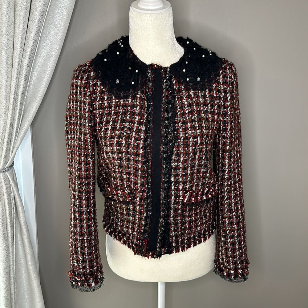 ZARA BLACK RED PLAID TWEED BEADED JACKET size small - Picture 8 of 13